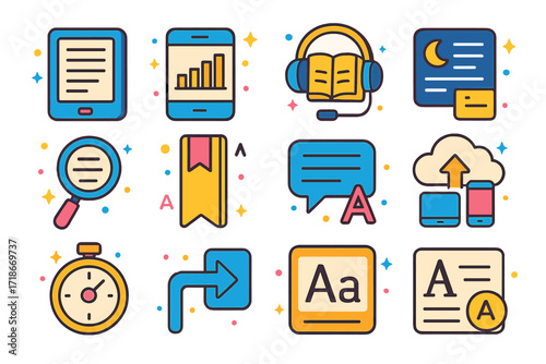 Digital Reading Icons. Colorful isometric vector icons set of digital reading tools: e-reader, reading progress app, audiobook icon, night mode screen,