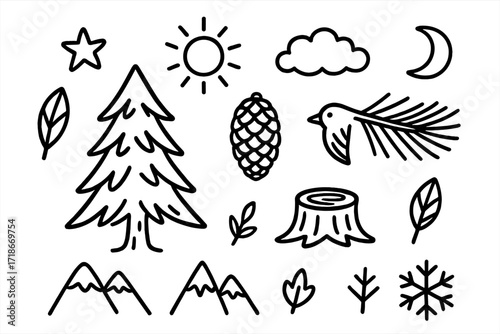Pine Tree Doodle Art. Hand-drawn doodle illustration Pine Tree [pine tree, pine needles, pine cone, branch, forest outline, mountain, sun, cloud, bird, star,