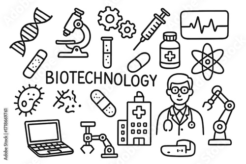 Biotech Doodle Icons. Hand-drawn doodle illustration biotechnology innovation DNA strand, microscope, test tube, syringe, gears, pill bottle, heart monitor,