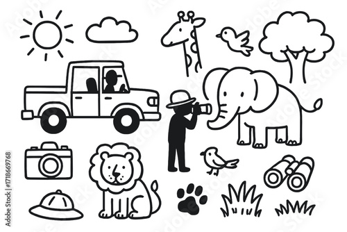 Safari Adventure Doodles. Hand-drawn doodle illustration Safari animal encounter [jeep, person silhouette, camera, elephant, lion, giraffe, bird, paw print,