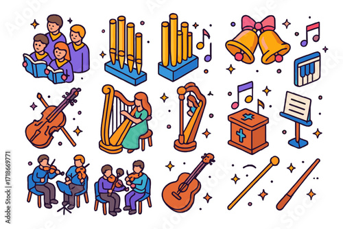Musical Wedding Icons. Colorful isometric vector icons set of Musical elements at church weddings: choir singers, organ pipes, violin with bow, hymn book,