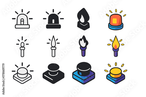 Emergency Light Icons. Icon Set of Emergency light: siren, flare, glowing button. Icons set in vector style, emblematic variations. Siren line, siren solid