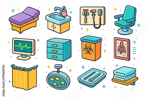 Isometric Medical Icons. Colorful isometric vector icons set of medical examination room: exam table, sink with soap, wall-mounted tools, patient chair,