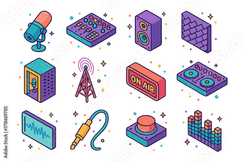 Radio Station Icons. Colorful isometric vector icons set of radio station equipment: broadcast microphone, mixing console, studio monitor speaker, soundproof