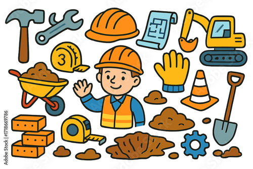 Construction Site Doodle. Colorful Hand-drawn doodle Children illustration Construction site tools hammer, wrench, hard hat, blueprints, wheelbarrow, measuring