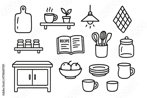 Kitchen Doodle Icons. Hand-drawn doodle illustration Kitchen decor cutting board, shelves, coffee mug, spice rack, pot plant, recipe book, utensil jar, clock,