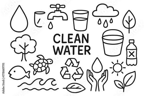 Water Conservation Doodles. Hand-drawn doodle illustration Clean water conservation [droplet, faucet, water glass, bucket, cloud, rain, recycling symbol, tree,