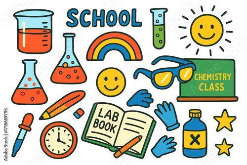 Colorful Chemistry Doodles. Colorful Hand-drawn doodle Children illustration school chemistry class beaker, test tube, flask, goggles, lab book, pencil,