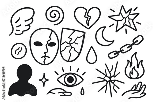Fragmented Identity Icons. Hand-drawn doodle illustration Fragmented identity cracked mask, broken mirror, swirl, shattered star, heart, moon, wings, chain,