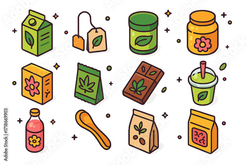 Natural Food Packaging Icons. Colorful isometric vector icons set of Natural Food & Tea Packaging: green tea carton, herbal infusion sachet, matcha tin,