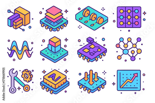 Neural Network Icon Set. Colorful isometric vector icons set of Neural Network Visuals for AI Chips: convolutional network icon, AI model layers chip, weights