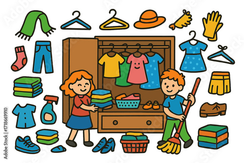 Children's Closet Cleanup. Colorful Hand-drawn doodle Children illustration Closet cleaning day [wardrobe, hangers, shirts, dresses, pants, shoes, socks,