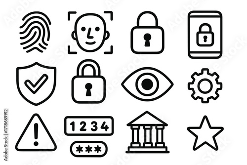 Banking Security Icons. Hand-drawn doodle illustration Banking security features fingerprint, face scan, lock, phone, shield, padlock, eye icon, gear, alert