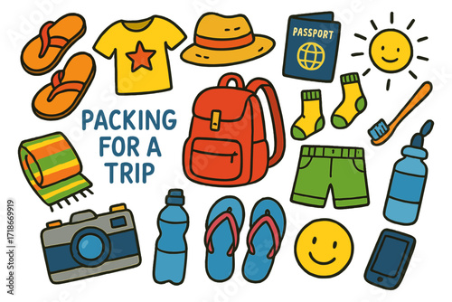 Packing for Adventure. Colorful Hand-drawn doodle Children illustration Packing for a Trip sandals, backpack, t-shirt, hat, passport, socks, toothbrush, sun