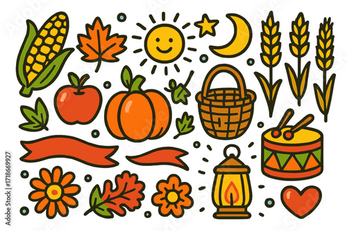 Children's Harvest Festival Doodles. Colorful Hand-drawn doodle Children illustration Harvest festival corn, pumpkin, apple, basket, leaf, sun, star, moon,