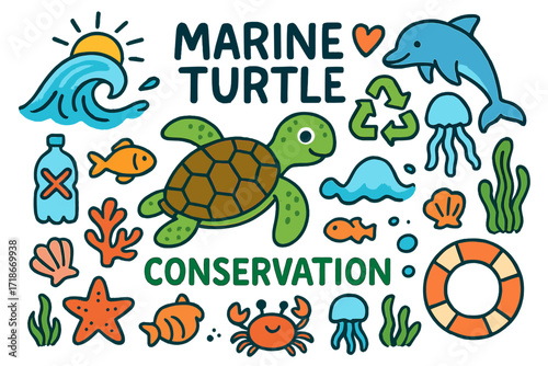 Marine Turtle Conservation Icons. Colorful Hand-drawn doodle Children illustration Marine turtle conservation [sea turtle, ocean wave, coral reef, seashell,