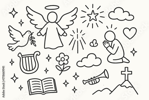 Angelic Symbols Doodle. Hand-drawn doodle illustration Angelic presence [angel wings, halo, star, dove, clouds, light rays, heart, flower, harp, trumpet,