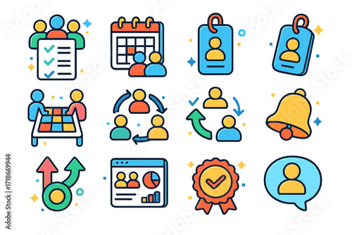 Team Task Icons. Colorful isometric vector icons set of team task coordination: group checklist, shared calendar, role assignment tag, cross-functional table,