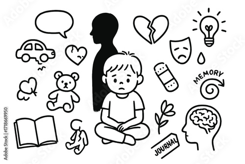 Inner Child Doodles. Hand-drawn doodle illustration Inner child and past wounds [child figure, broken toy, heart, bandage, teddy bear, shadow, speech bubble,