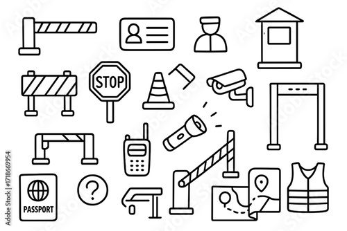 Checkpoint Security Doodles. Hand-drawn doodle illustration checkpoint security barrier, ID card, guard booth, roadblock, stop sign, traffic cone, surveillance