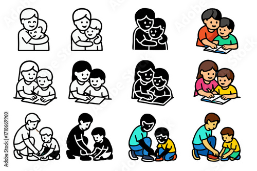 Caring Siblings Icons. Icon Set of Caring siblings: giving a hug, sibling helping with homework, older sibling tying shoes. Icons set in vector