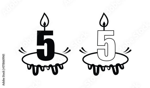 Two stylized birthday candles shaped like the number five with flames and dripping wax