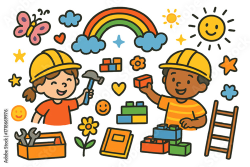 Playful Builders Illustration. Colorful Hand-drawn doodle Children illustration Kids Pretending Builders children in hard hats, toy bricks, toy hammer,