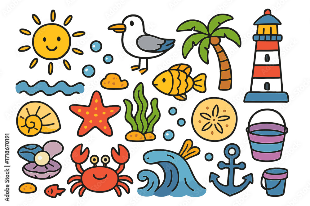 Fototapeta premium Seashore Treasure Doodles. Colorful Hand-drawn doodle Children illustration Seashore treasures shell, starfish, crab, pearl, seaweed, fish, anchor, sand