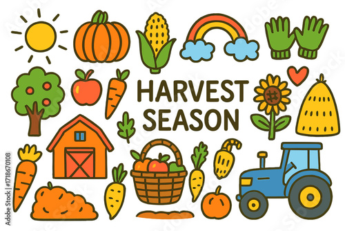 Harvest Season Doodle. Colorful Hand-drawn doodle Children illustration Harvest Season [pumpkin, corn, apple, carrot, basket, sunflower, tree, barn, tractor,