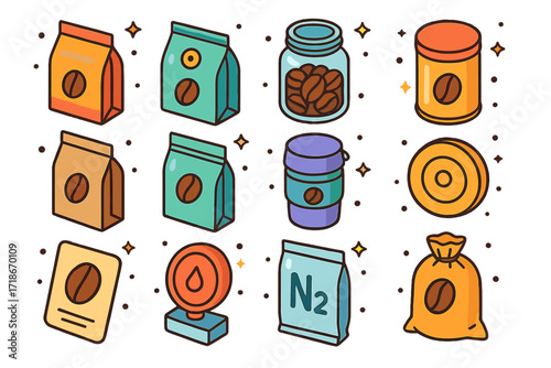 Coffee Storage Icons. Colorful isometric vector icons set of coffee storage and packaging: vacuum-sealed bag, one-way valve pouch, mason jar, metal canister,