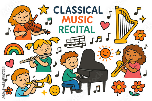 Children's Music Doodle. Colorful Hand-drawn doodle Children illustration Classical Music Recital [violin, piano, flute, harp, trumpet, sheet music, star,