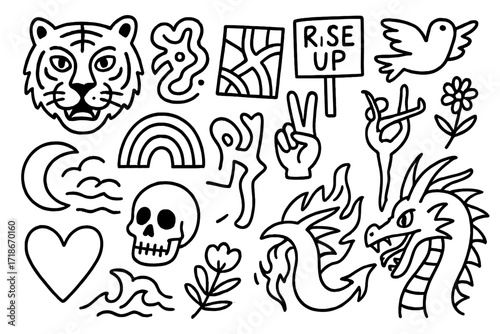 Street Art Doodles. Hand-drawn doodle illustration [street art inspirations] tiger face, abstract shape, city map, protest sign, peace hand, dancer pose,