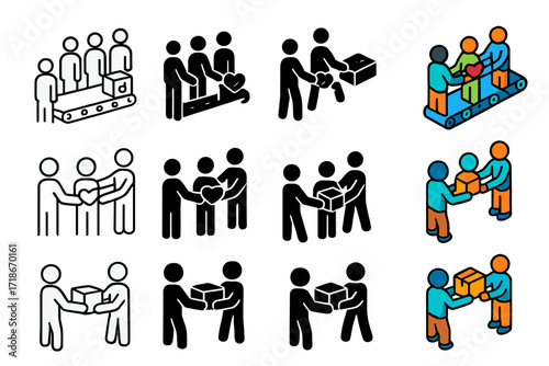 Human Conveyor Icons. Icon Set of Human conveyor belts in community: food bank line, donation chain, relief package passing. Icons set in vector style,