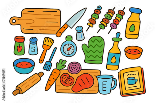 Outdoor Grilling Tools. Colorful Hand-drawn doodle Children illustration Outdoor grilling tools cutting board, knife, skewers, spice jar, pepper shaker, salt