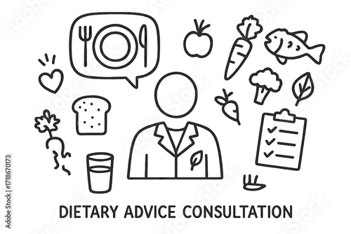 Nutrition Consultation Doodles. Hand-drawn doodle illustration Dietary advice consultation [nutritionist figure, plate, fork, knife, apple, carrot, broccoli,