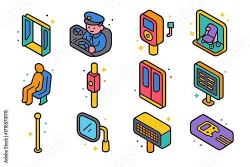 Colorful Bus Icons. Colorful isometric vector icons set of Commuting by city bus: open bus doors, driver cabin, farebox machine, folded stroller space,