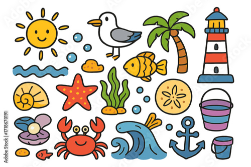 Seashore Treasure Doodles. Colorful Hand-drawn doodle Children illustration Seashore treasures shell, starfish, crab, pearl, seaweed, fish, anchor, sand