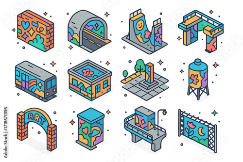 Colorful Public Art Icons. Colorful isometric vector icons set of public art spaces: alley wall, underpass tunnel, skate park wall, train carriage, rooftop