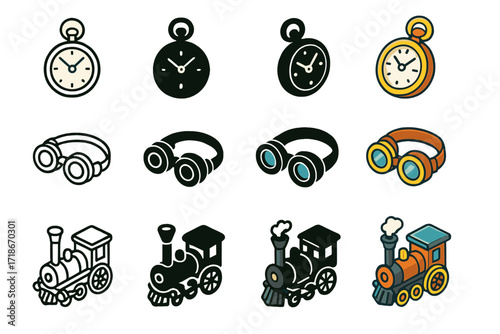 Steampunk Icons Collection. Icon Set of Steampunk adventure basics: pocket watch, brass goggles, steam engine. Icons set in vector style, emblematic