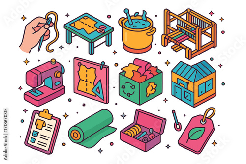Slow Fashion Icons. Colorful isometric vector icons set of Slow fashion production methods: hand sewing, fabric cutting table, natural dye vat, artisan loom,