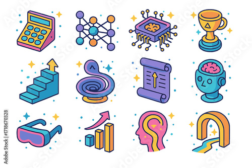 Path to Singularity Icons. Colorful isometric vector icons set of humanity?s path to singularity: early calculator, neural net node, deep learning chip, AI