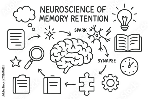 Memory Retention Illustrations. Hand-drawn doodle illustration Neuroscience of memory retention [brain, neuron, synapse, spark, light bulb, book, document,