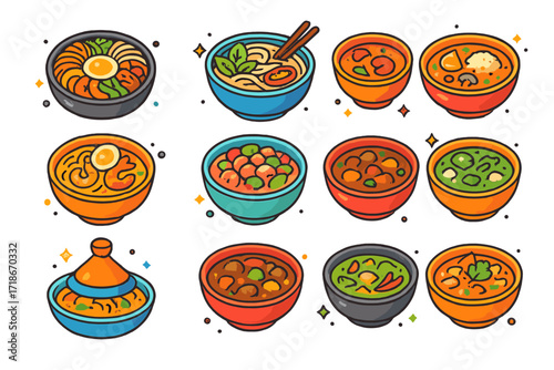 Global Cuisine Icon Set. Colorful isometric vector icons set of global bowl dishes: bibimbap, pho, gumbo, laksa, ceviche bowl, tom yum soup, couscous bowl,