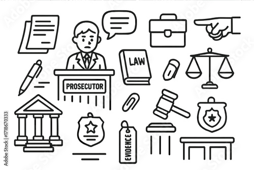 Courtroom Doodle Icons. Hand-drawn doodle illustration Prosecutor in court podium, prosecutor icon, pointing hand, briefcase, law book, document stack, pen,