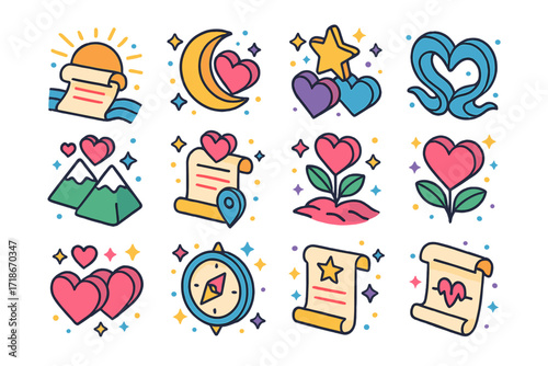 Poetic Wedding Icons. Colorful isometric vector icons set of poetic wedding vow themes: sunrise promise, moonlit love, stars alignment, waves of love, mountain