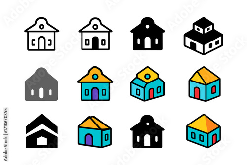 Mindfulness Retreat Logos. Set Logo of Mindfulness practices and meditation retreats: Retreat center building. Logo set in vector style, emblematic variations.