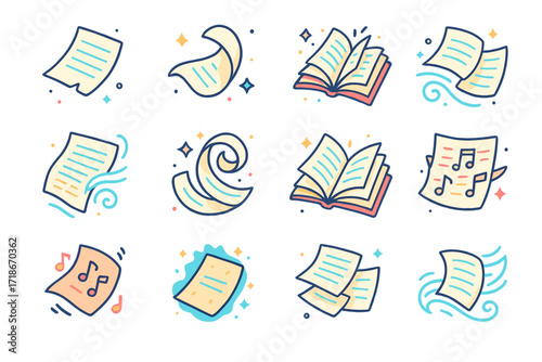 Colorful Flying Pages Icons. Colorful isometric vector icons set of book pages flying: single torn page in the air, curled paper drifting, book exploding with