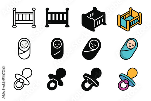 Newborn Icon Set. Icon Set of Newborn Arrival: Baby crib, Swaddle blanket, Pacifier. Icons set in vector style, emblematic variations. Baby crib line, Baby