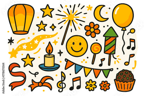 Festival of Lights Celebration. Colorful Hand-drawn doodle Children illustration Festival of Lights lantern, candle, sparkler, stars, glow trail, happy face,