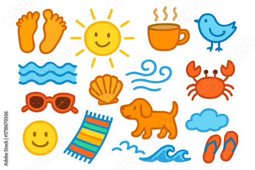 Morning Beach Doodles. Colorful Hand-drawn doodle Children illustration Morning walk on the shore footprints, sun, coffee cup, bird, shell, sand, breeze lines,